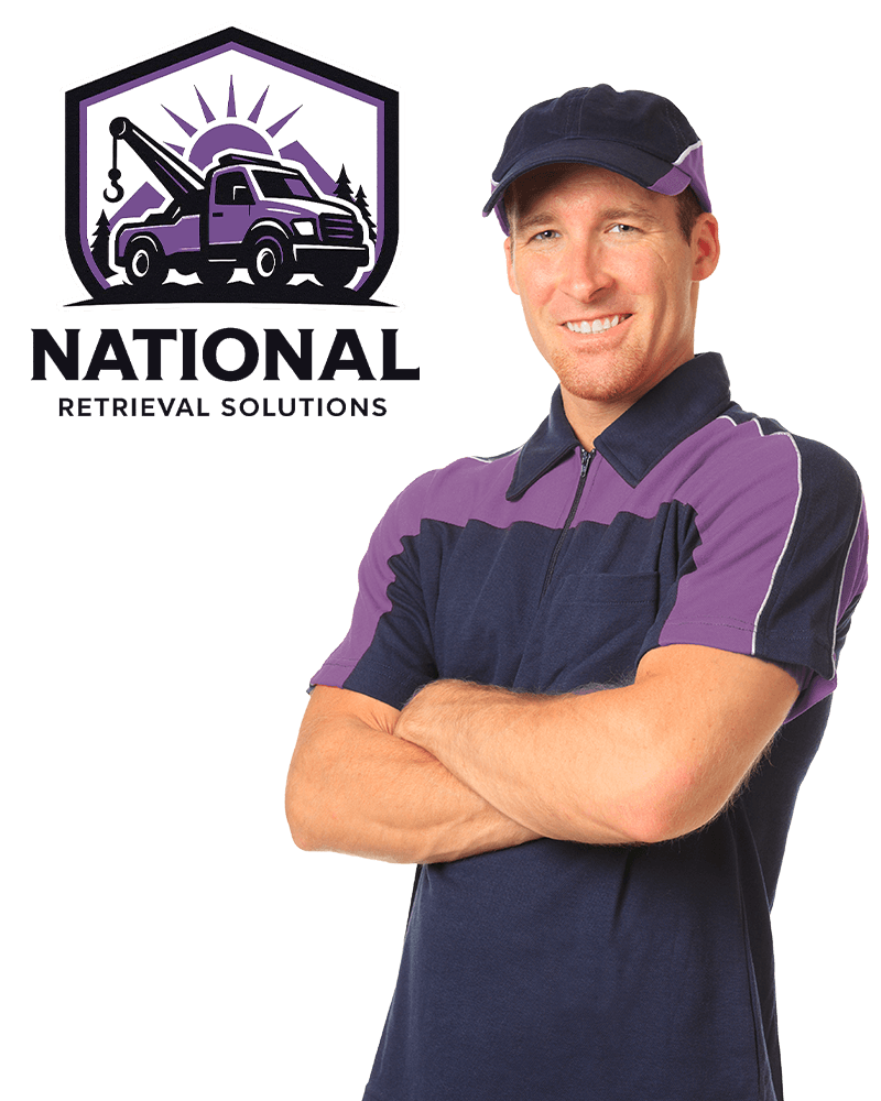 man in polo shirt and hat with arms crossed next to National Retrieval Solutions logo
